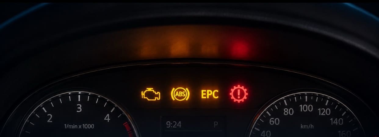 A car dashboard with the Engine, ABS, EPC and Gearbox warning lights all lit up
