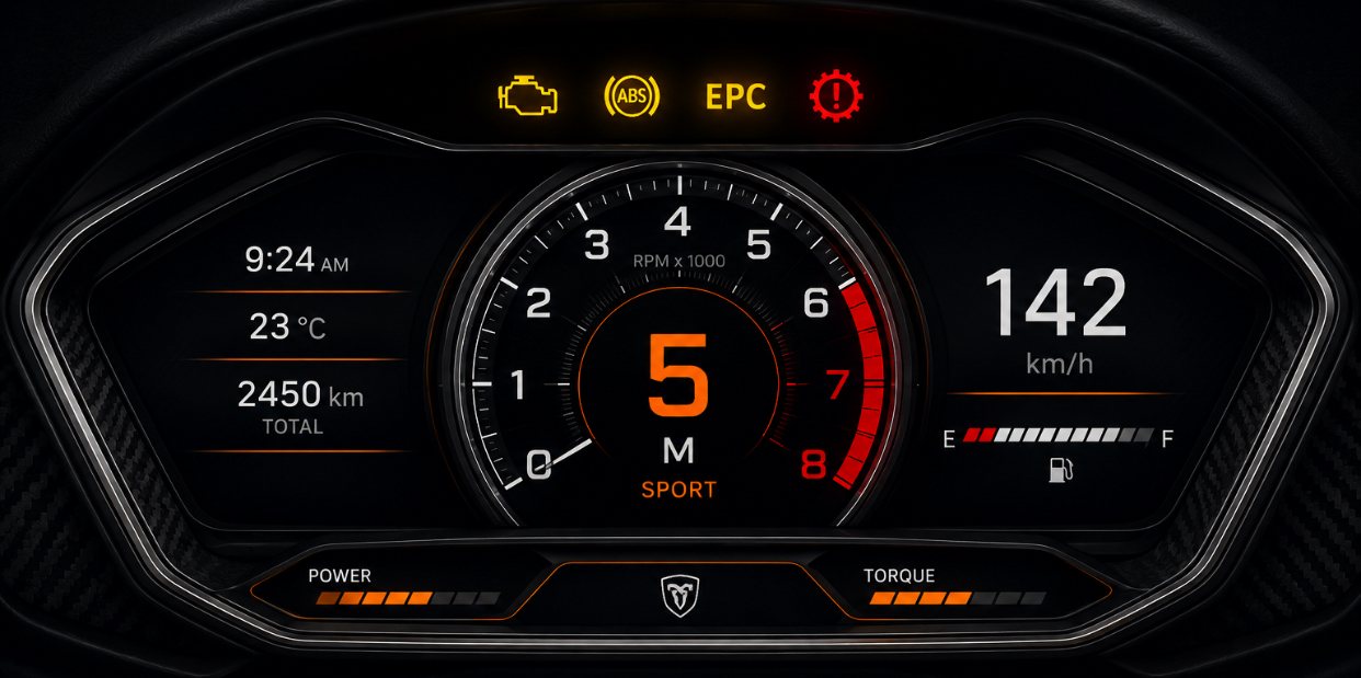 A digital instrument cluster with the Engine, ABS, EPC and Gearbox warning lights lit up, alongside live power and torque bars